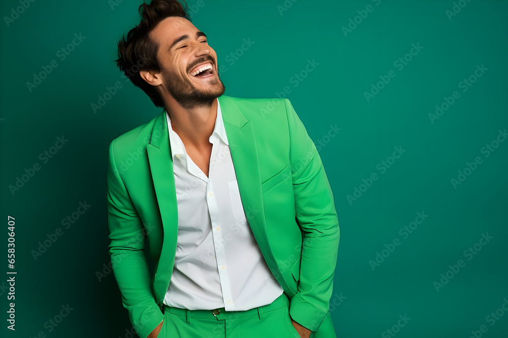 An Ultra Handsome Man Radiating Happiness with a Bright Smile, Dressed in Vivid Attire Against a Lustrous Green Background An Ultra Handsome Man Radiating Happiness with a Bright Smile, Dressed in Vivid Attire Against a Lustrous Green Background
