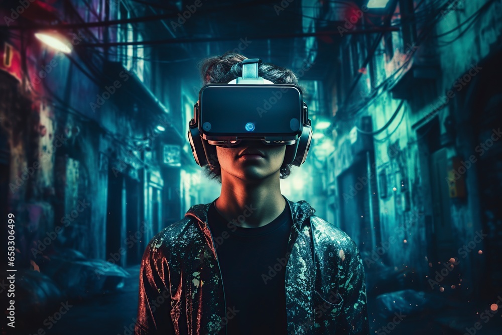 man with virtual reality glasses in a trippy futuristic environment man with virtual reality glasses in a trippy futuristic environment