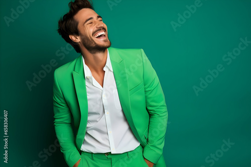 An Ultra Handsome Man Radiating Happiness with a Bright Smile, Dressed in Vivid Attire Against a Lustrous Green Background