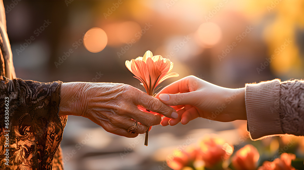 Fototapeta premium Older woman handing a flower to a young woman. Hands of a grandmother giving a flower to her granddaughter. Concept of old age and youth. Generative ai