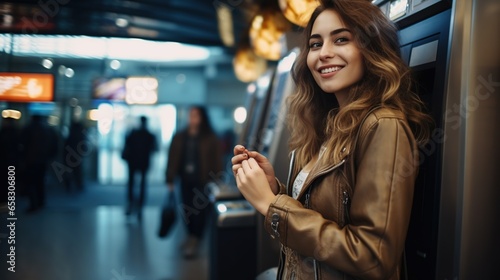 Finance and Shopping: Young woman holding hand full of cash, Portrait of beautiful young woman standing near ATM, Happy wow five bill, Shopping Mall background.