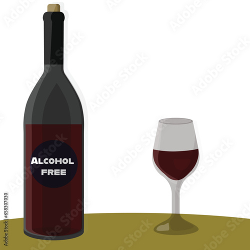 Alcohol free wine. Vector illustration. Glass and bottle of non alcoholic wine on the table. 