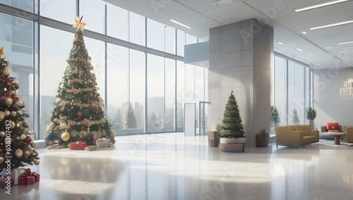 Amplia oficina con arbol de navidad, espaciosa y blanca photo