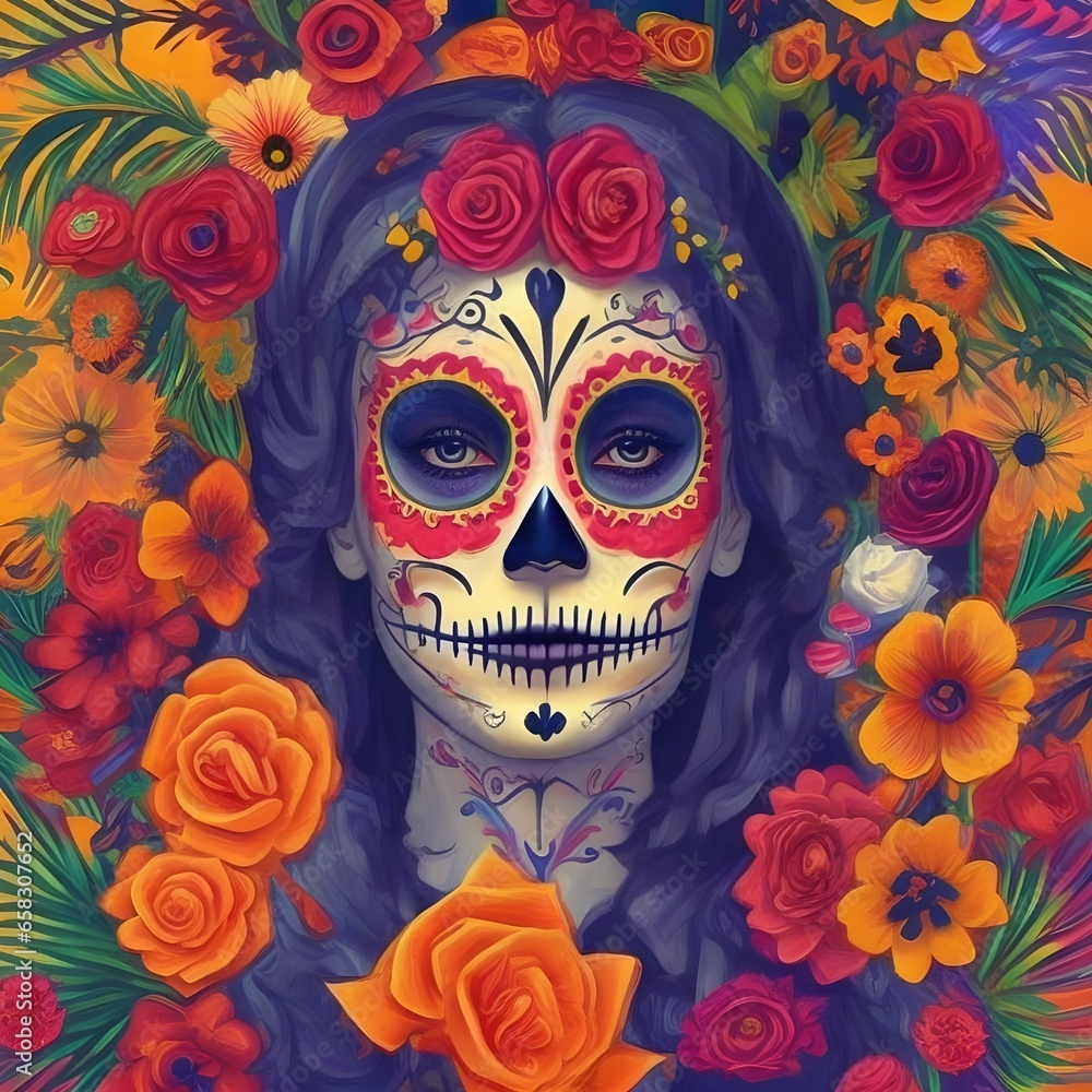 Mujer maquillada de catrina del dia de muertos, tradicion mexicana, calavera, halloween