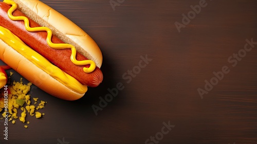 Hot Dog with Mustard on Wooden Table Background