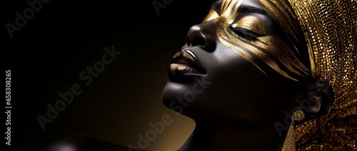 Close-up photo a beautiful black woman with gold makeup on her face, in the style of glittery, gold and moody style. Created with generative AI technology photo