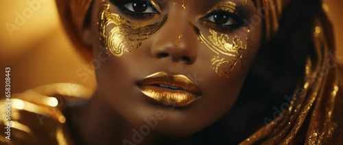 Close-up photo a beautiful black woman with gold makeup on her face  in the style of glittery  gold and moody style. Created with generative AI technology
