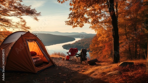 Picturesque Tent Camping Scene by a Serene Lake in the Woods. Ideal for travel magazines, camping gear promotions or nature themed website banners.