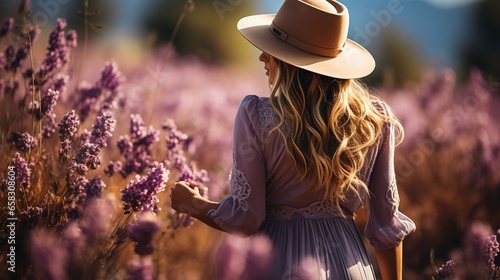 A happy woman walking through in lavender flower field