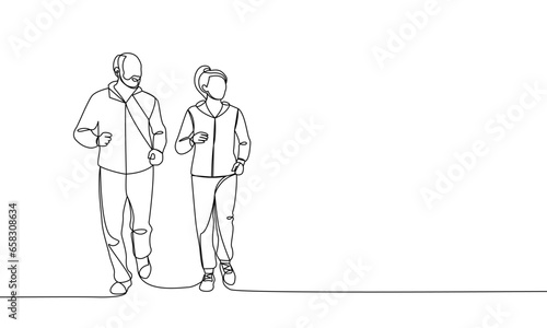 Banner continuous line of seniors, a man and a woman are jogging. Sport. Slow aging. Vector illustration