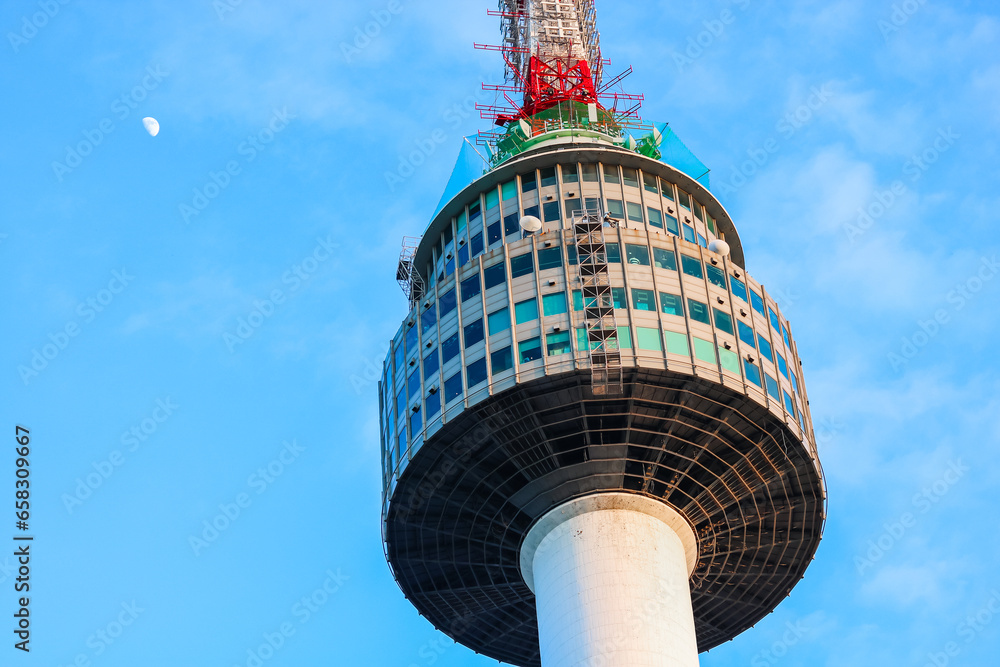 Namsan Tower. Closeup of Seoul Tower, the famous attraction on Namsan mountain in Seoul. Namsan Tower. Closeup of Seoul Tower, the famous attraction on Namsan mountain in Seoul.