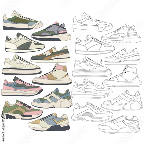 Set of shoes sneaker drawing vector, Sneakers drawn in a sketch style, bundling sneakers trainers template, vector Illustration.
