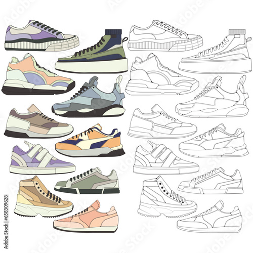 Set of shoes sneaker drawing vector, Sneakers drawn in a sketch style, bundling sneakers trainers template, vector Illustration.
