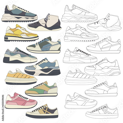 Set of shoes sneaker drawing vector, Sneakers drawn in a sketch style, bundling sneakers trainers template, vector Illustration.
