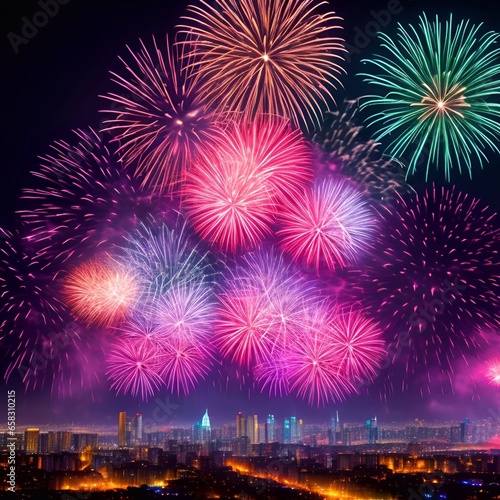 the Fireworks over the big city new year celebrating generative ai illustration art