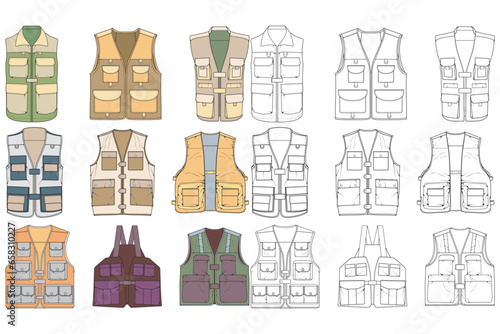 full color vector drawing vest set, vest with sketch style, training template vector vest, vector illustration.