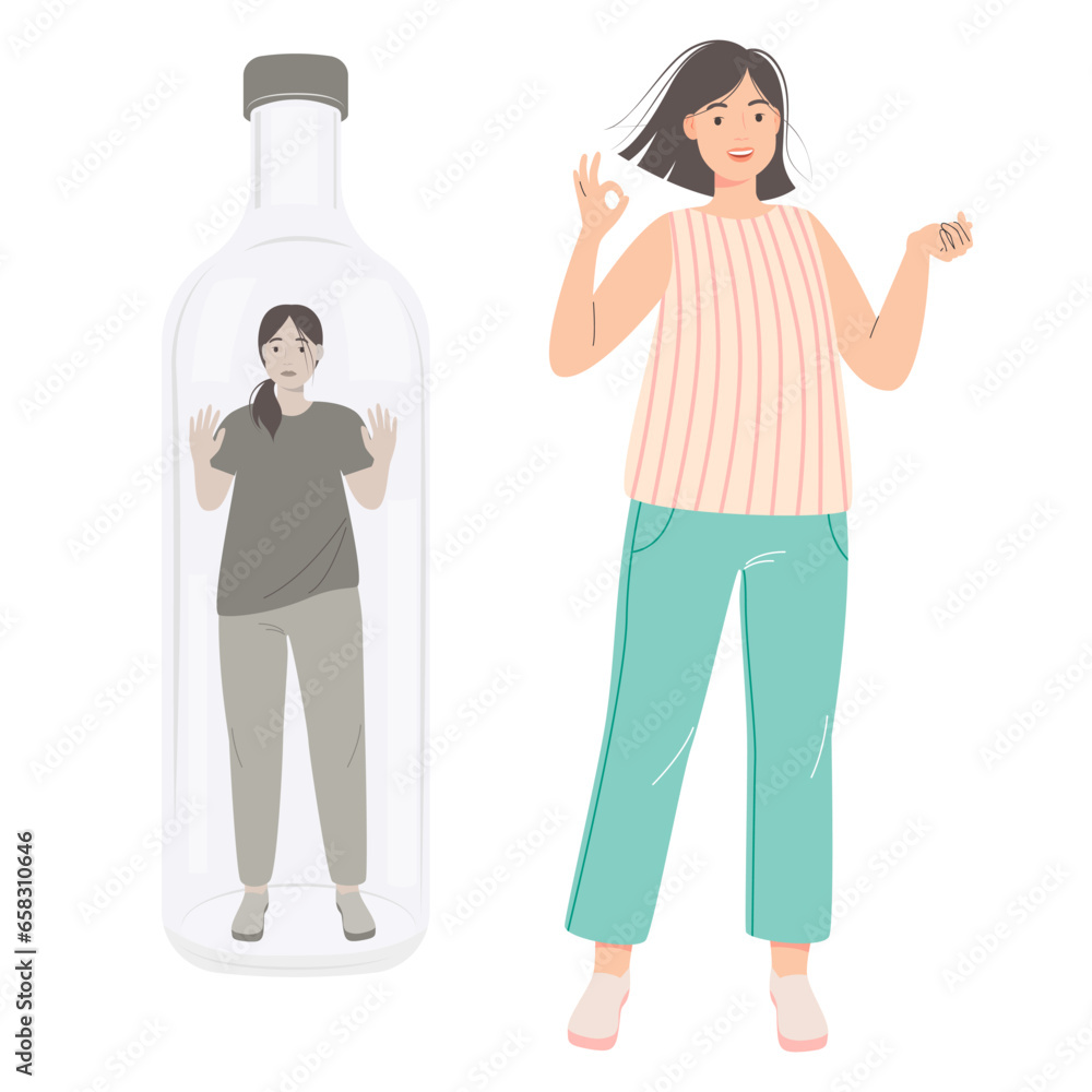 Addiction to alcohol and depression concept. Unhappy woman woman trapped in a bottle. Sad drunk female person, exhausted alcoholic guy. Social issue, abuse, addiction. Vector Illustration Addiction to alcohol and depression concept. Unhappy woman woman trapped in a bottle. Sad drunk female person, exhausted alcoholic guy. Social issue, abuse, addiction. Vector Illustration