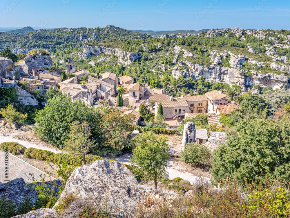 Aerial view of the city of Les Beaux de Provence, South of France