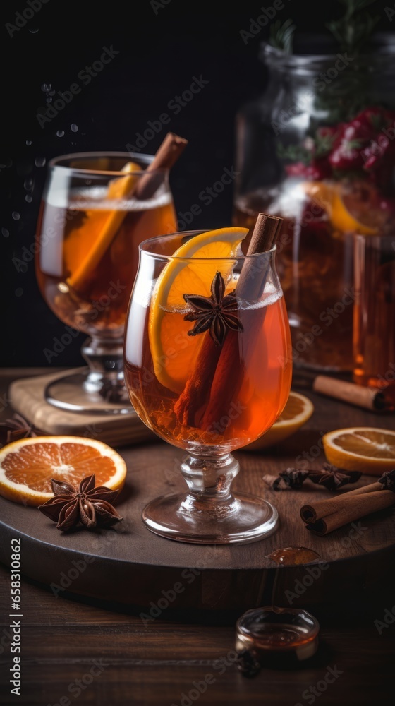 Winter drink – cocktails in glass with lemon, spice, cocoa and cinnamon. Winter drink – cocktails in glass with lemon, spice, cocoa and cinnamon.