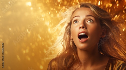 Woman gasping in awe against a shimmering gold background © Nicolas Swimmer