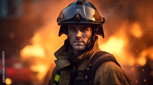 Firefighter in gear against a backdrop of flames © Nicolas Swimmer