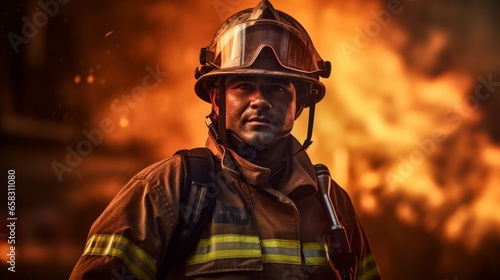 Firefighter in gear against a backdrop of flames