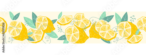 Horizontal seamless border with fresh lemons. Lemon repeatable design for lemon flavored food and drinks packs, flat vector illustration isolated on white.