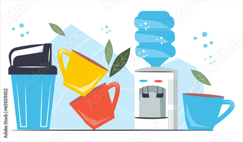 Bottled drinking water delivery banner design with cooler and drinking accessories, flat vector illustration on white. Water delivery, purification and cooler maintenance. Supply of disposable cups.