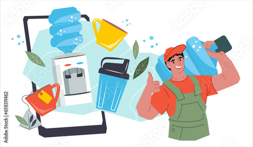 Bottled water delivery banner template with delivery man carries water for cooler, flat vector illustration on white. Water delivery, purification and cooler dispenser maintenance.