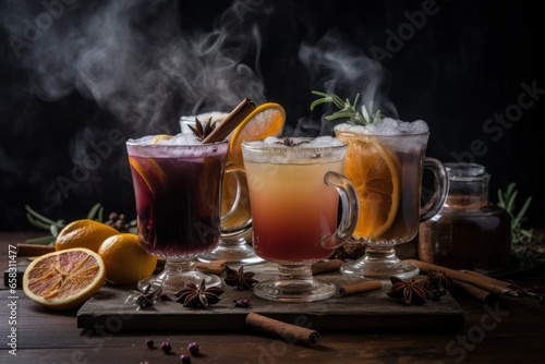 Winter drink – cocktails in glass with lemon, spice, cocoa and cinnamon.