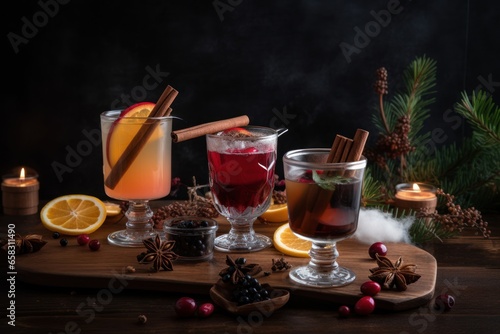 Winter drink – cocktails in glass with lemon, spice, cocoa and cinnamon.