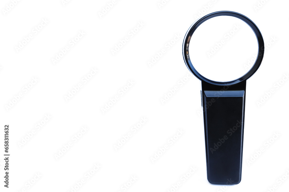 Black magnifying glass on whithe background, closeup. Black magnifying glass on whithe background, closeup.