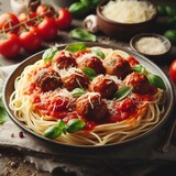 Delicioso plato de espaguetis italianos sobre una mesa de madera con tenedor, tomates, albahaca y ragú