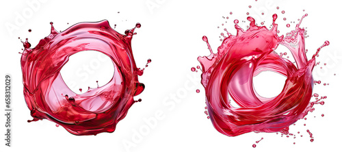 set round syrup red splash with droplets and bauble, isolated on a transparent background with a PNG format. syrup red flowing.
