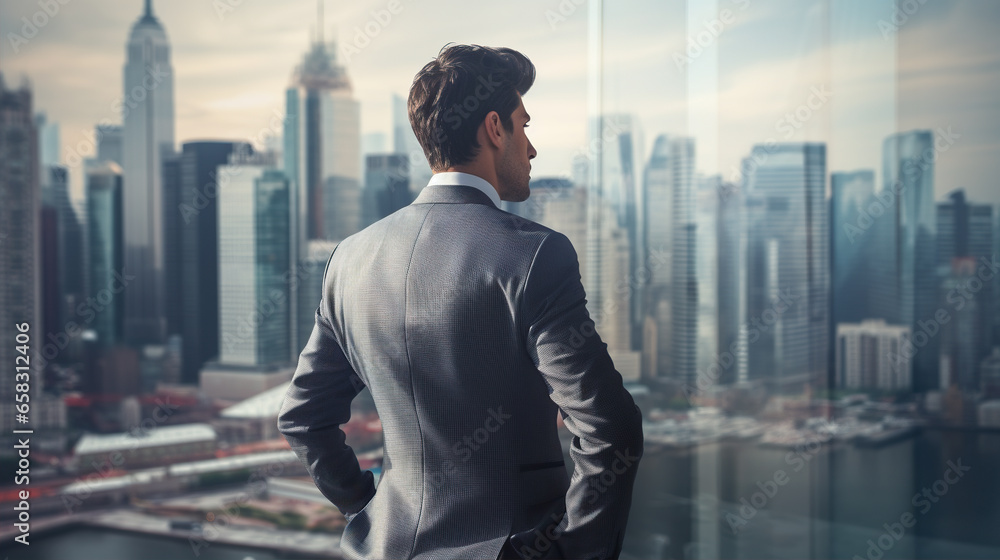 A businessman gazes thoughtfully at a cityscape