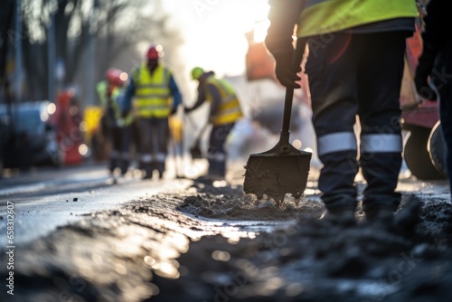 workers' brigade clears a part of the asphalt with shovels in road construction photo