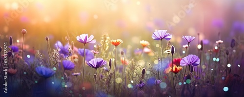 purple orange flowers field bright light white sparkles sunlight beams thick layers rhythms gaussian blur radiate connection gleaming silver rich color deity spring photo