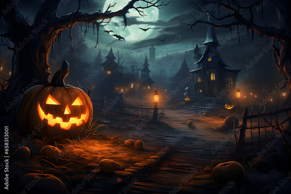 Embrace the eerie allure of Halloween night with this hauntingly atmospheric scene. Moonlight casts mysterious shadows, setting a spooky tone.