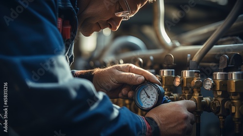 maintenance - technician checking pressure meters for house heating system.