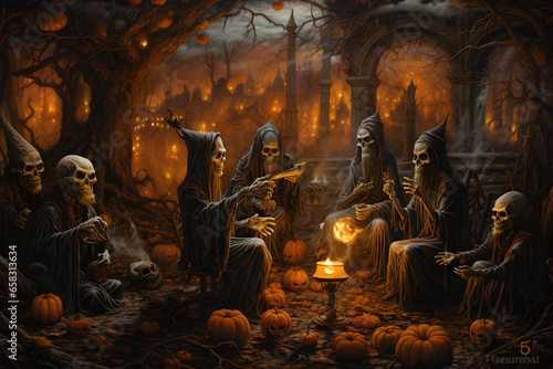Enchanting Halloween scene with eerie ambiance, perfect for spooky-themed designs and decorations. © Rathnayakamudalige