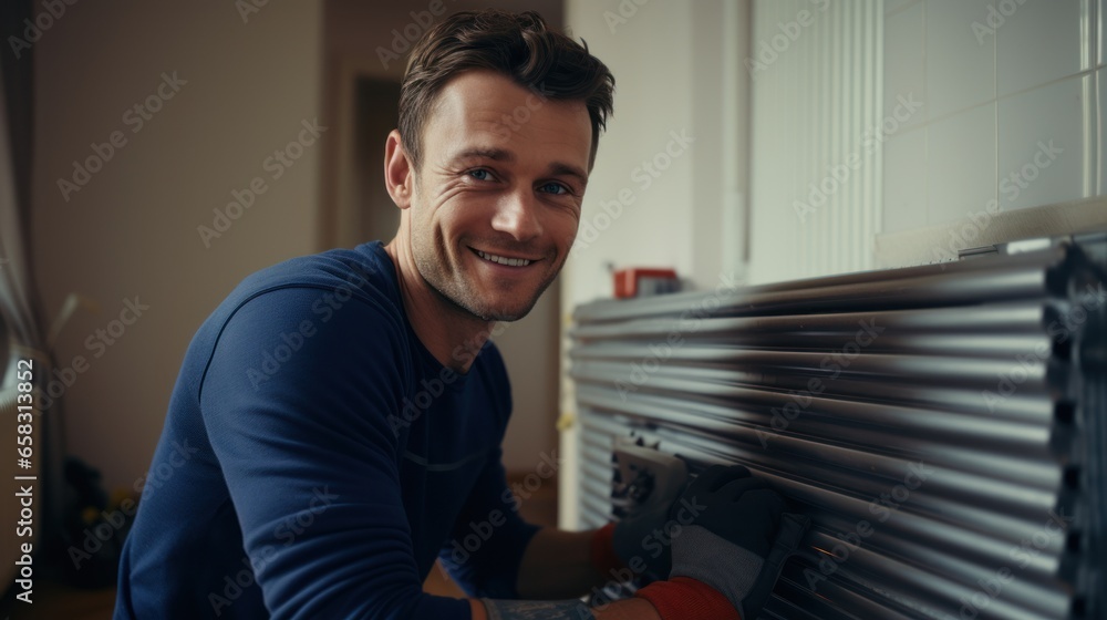 A Young handsome professional plumber worker installing a heating radiator in an empty room of a newly built apartment or house. Construction, maintenance, and repair concept A Young handsome professional plumber worker installing a heating radiator in an empty room of a newly built apartment or house. Construction, maintenance, and repair concept