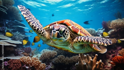 turtle swimming ocean fish profile aquatic devices travel covered coral barnacles floating deep living planet dreamtime bar background reef photo