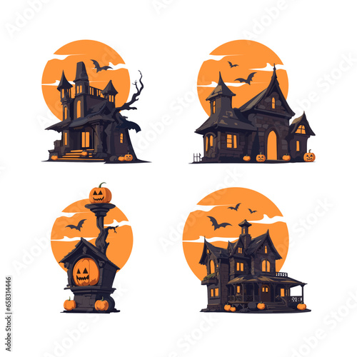 Halloween spooky ghost abandoned old haunted house church castle set collection illustration