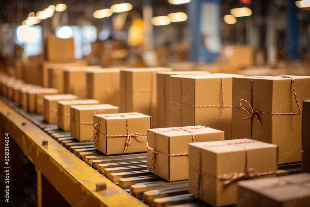 Parcel on a conveyor belt, warehouse fulfillment center, e-commerce and online shopping, shipping boxes and packages Parcel on a conveyor belt, warehouse fulfillment center, e-commerce and online shopping, shipping boxes and packages