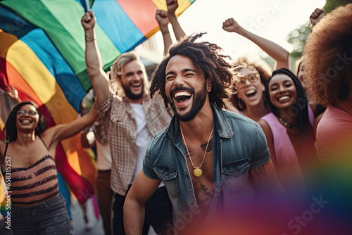 Wallpaper Mural Group of friends celebrate gay pride with flags by dancing at a demonstration for support for equality Torontodigital.ca
