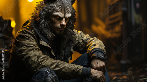 Classic Werewolf Male Model Photography - Rugged Fur and Intense Yellow Eyes, Set in Graffiti Art Alleyway with Mystical Symbols, AI-Generated