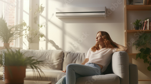 Relaxed young female sitting on huge comfortable couch, enjoying modern air conditioner system in her home. photo