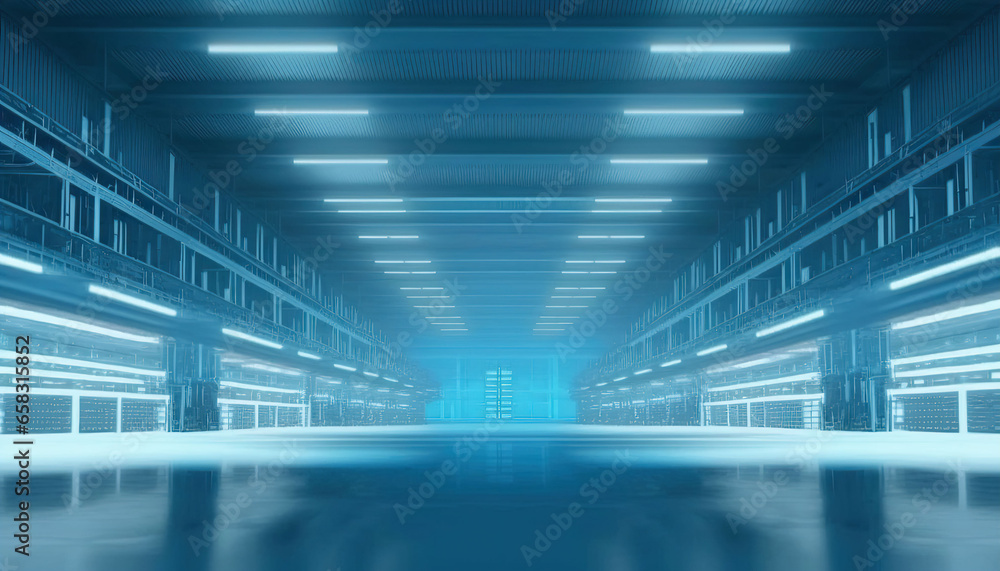 A large, spacious, and empty industrial warehouse in diffused light A large, spacious, and empty industrial warehouse in diffused light