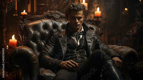 Vintage Male Model in Halloween Attire - Sitting in Chair with Classic Coat and Vampire Fangs, Eerie Elegance, AI-Generated