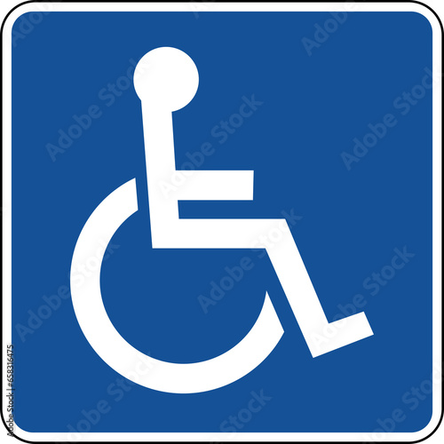 Transparent PNG of a Vector graphic of a blue usa Handicapped Accessible mutcd highway sign. It consists of a silhouette of a handicapped person in a wheelchair contained in a blue square photo